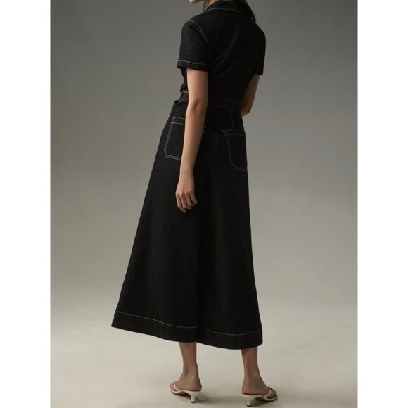 Maeve Anthropologie The Colette Denim Wide Leg Wrap Jumpsuit Size 8 Black - Picture 2 of 7